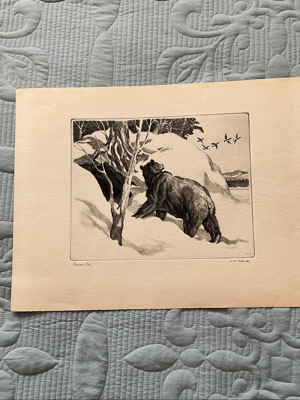 P.H. Palenske "Season's End" Bear in Winter Scene Print in Black and White